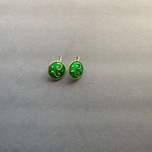 Gold Tone Green Enamel, Swirl Design Earri…